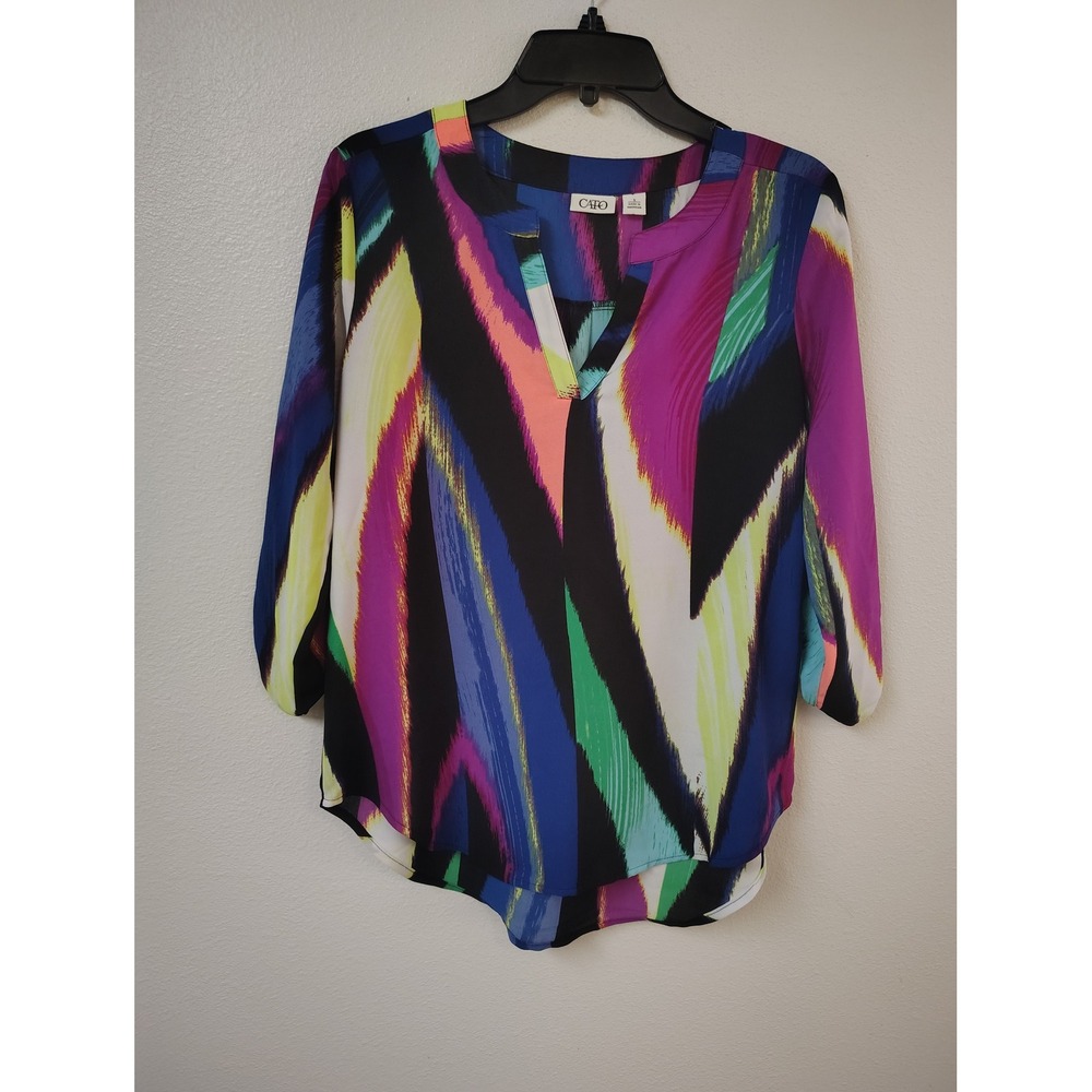 Cato Small Abstract Brushstroke Print Split V-Neck 3/4 Sleeve Blouse Multi